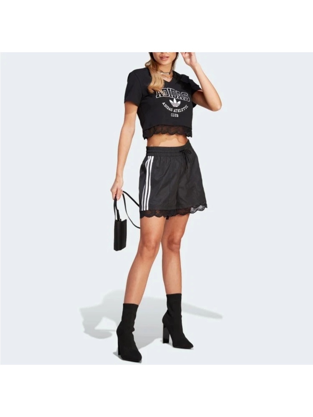 Adidas Originals Lace Trim Tee and Shorts Set In Black Size XS